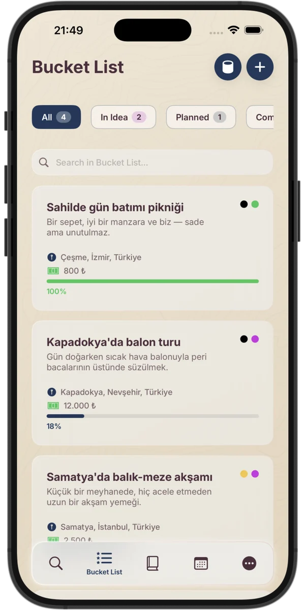 Bucket List screen